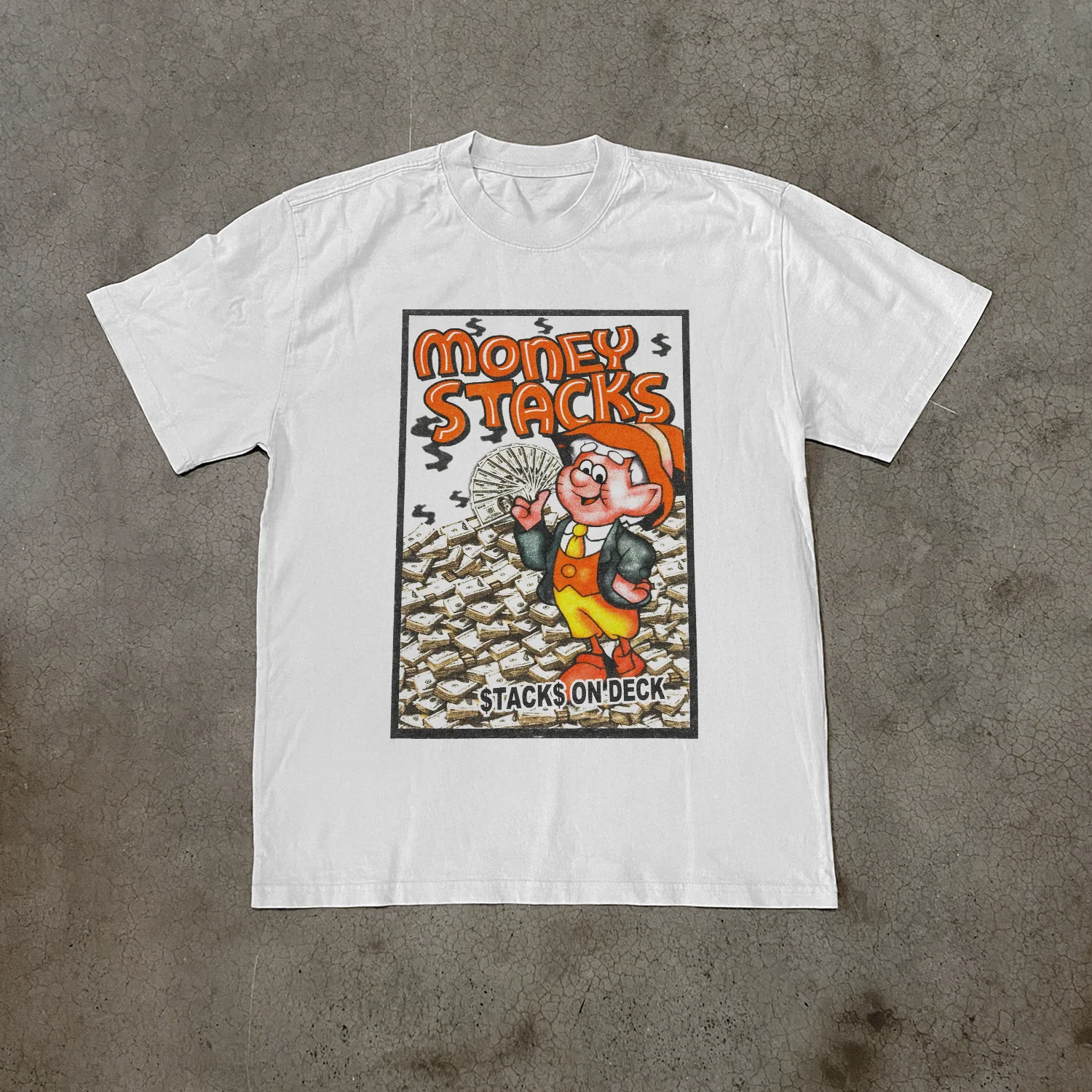 00s Bootleg 'Money Stacks' Parody Heavy White Faded Tee
