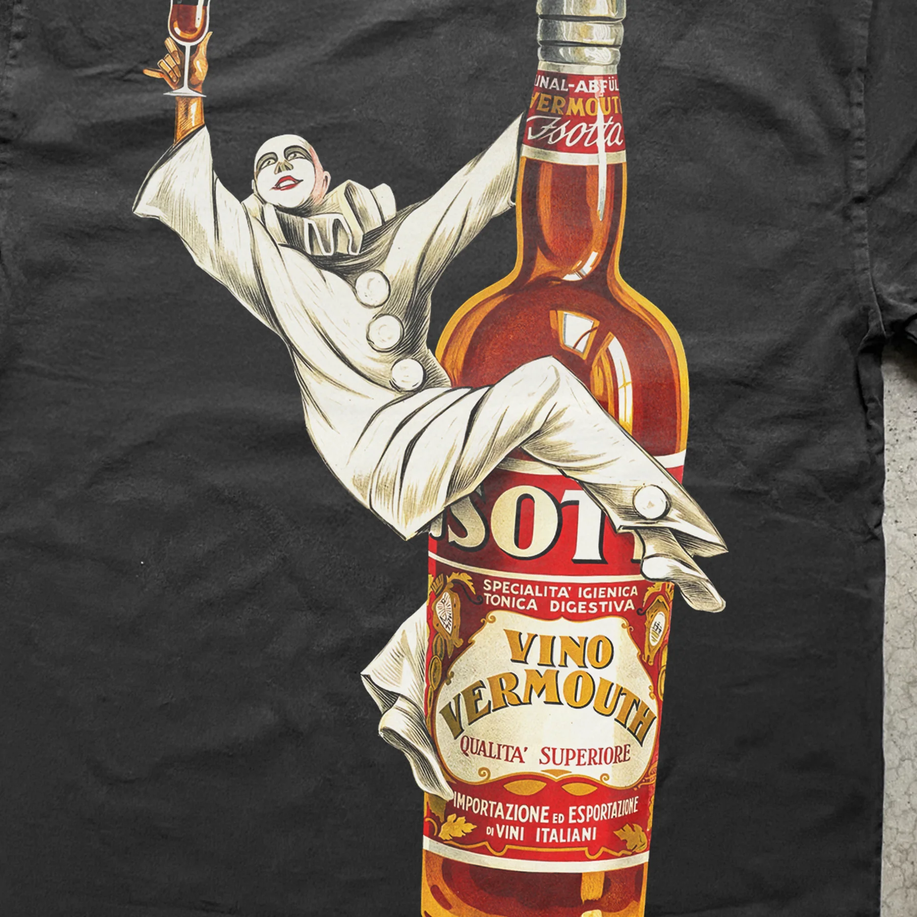 1920S 'Vermouth Wine' Jsotta Clown Heavyweight Black T-Shirt - Image 3