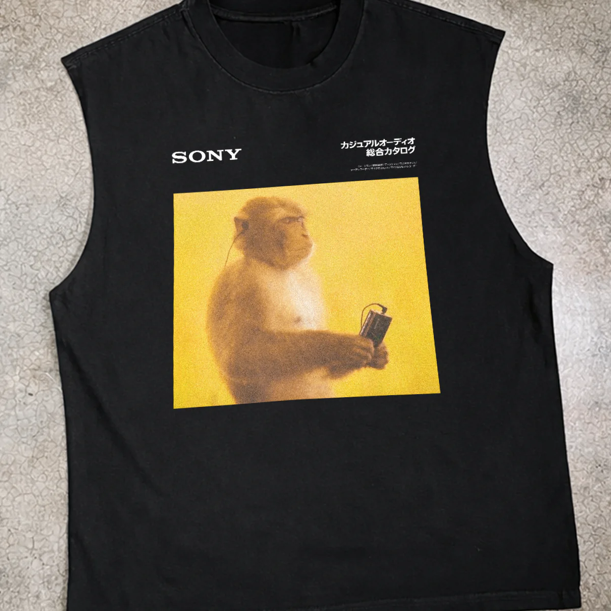 1988 S0NY 'Meditating Monkey' MD Walkman Black Heavy Faded Cut-Off - Image 2