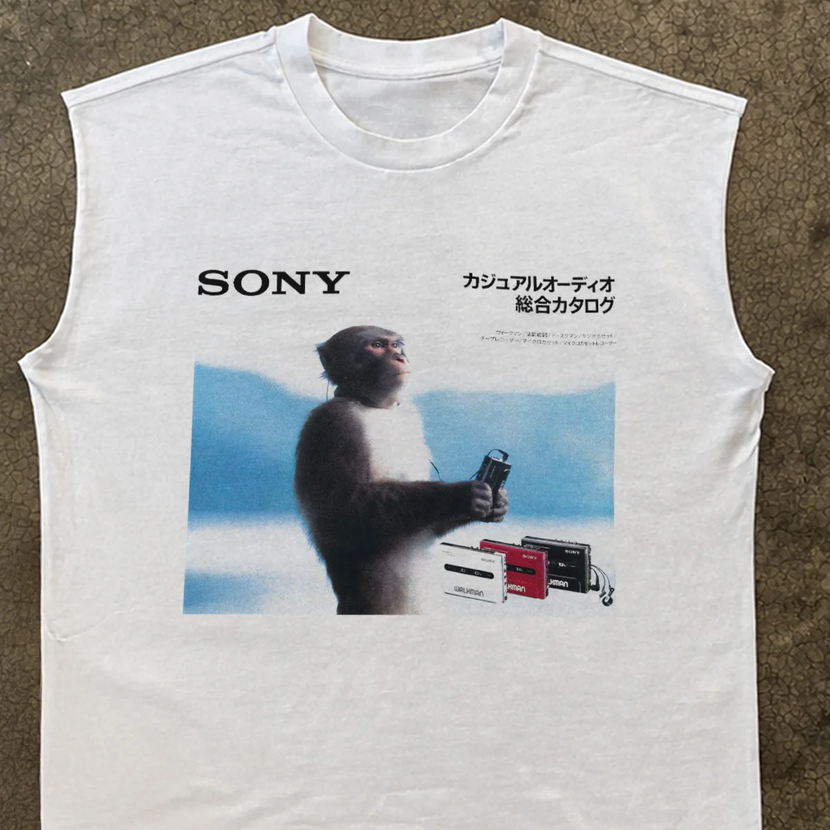 1988 Sony 'Meditating Monkey' MD Walkman White Heavy Faded Cut-Off Tee - Image 2