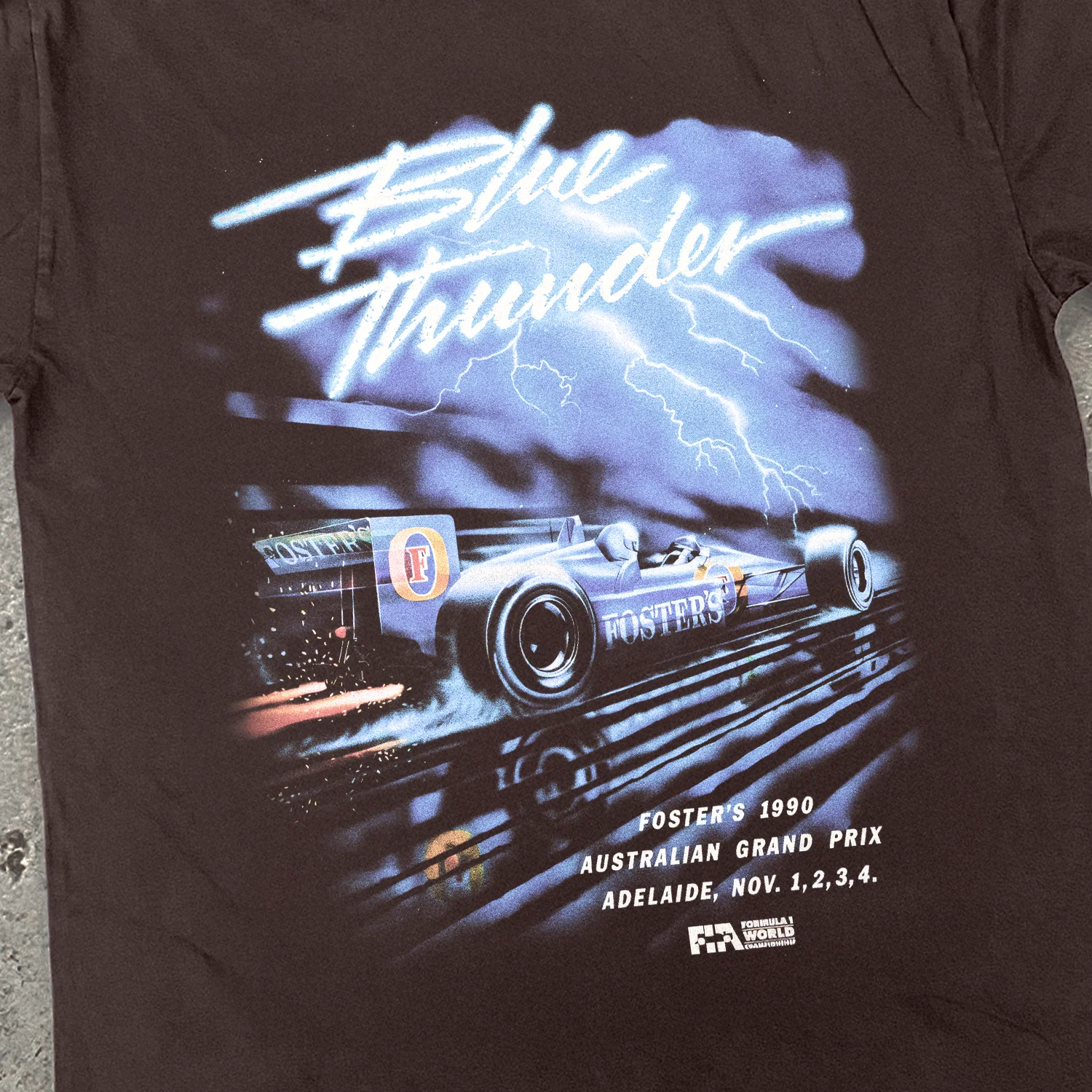 1990 Aussie Grand Prix 'Blue Lightning' Fosters Choc Heavy Weight T-Shirt - Image 2