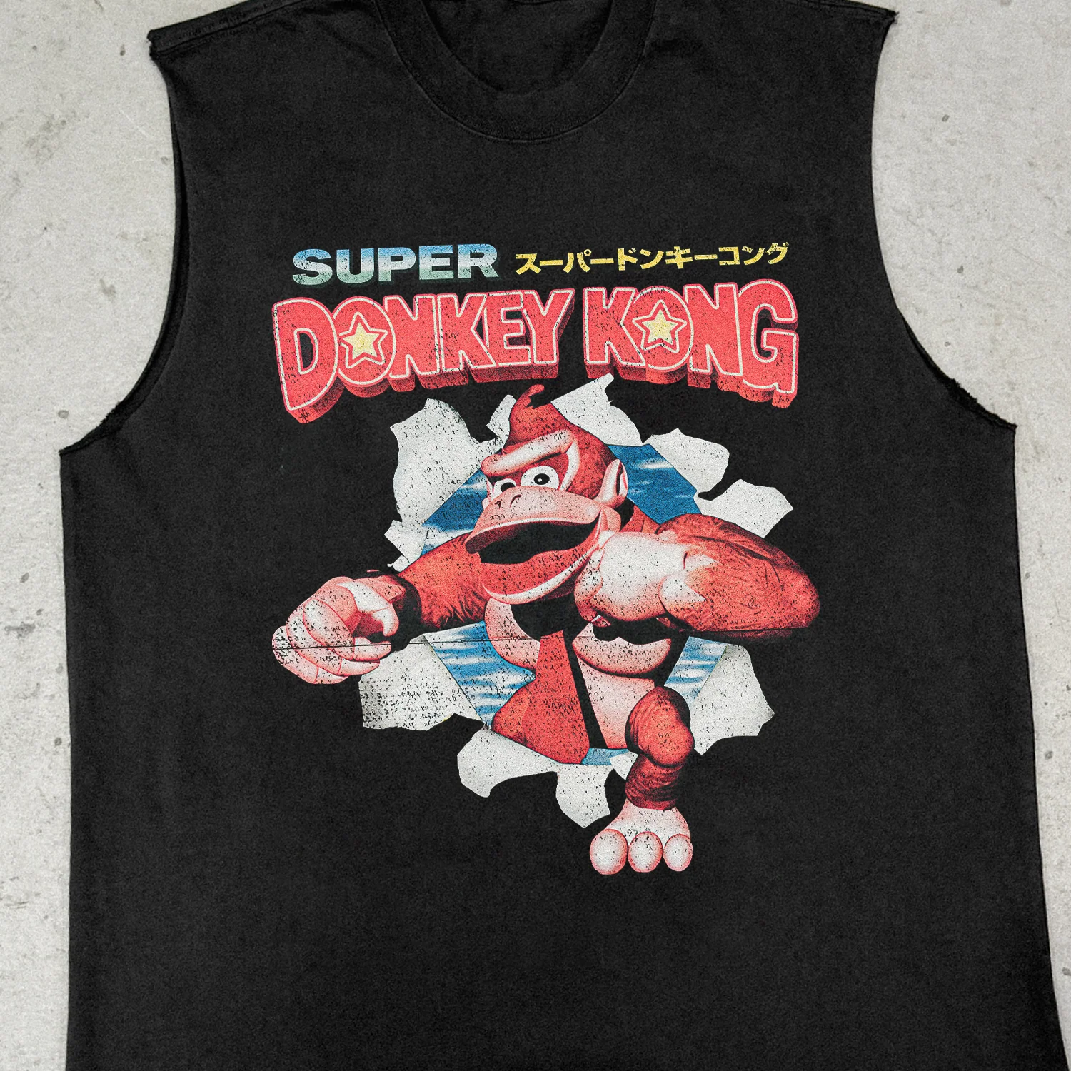 1994 Japanese 'Super Donkey Kong' SNES Black Heavy Cut-Off Tee - Image 2