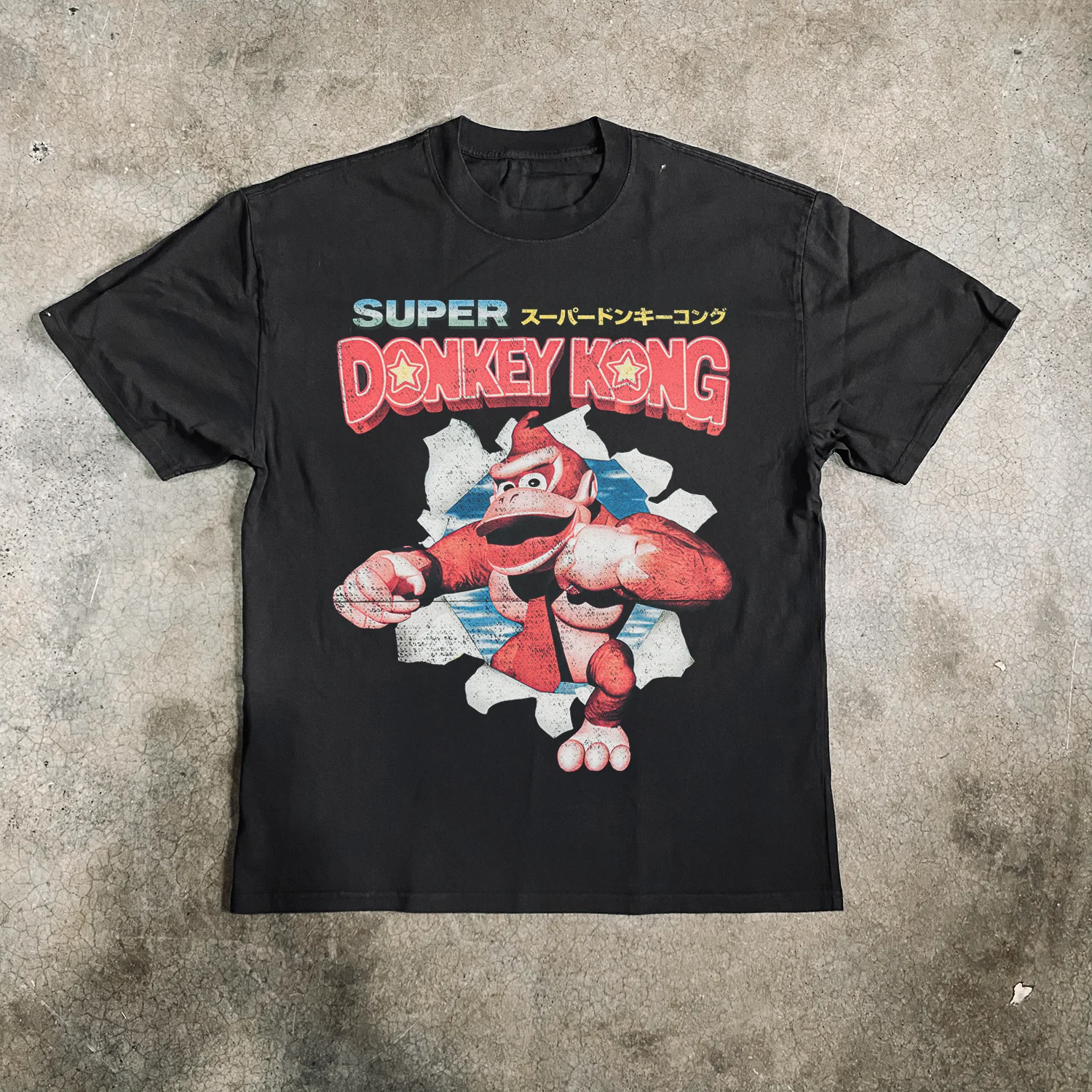 1994 Japanese 'Super Donkey Kong' SNES Vintage Print Heavyweight Faded Black Tee
