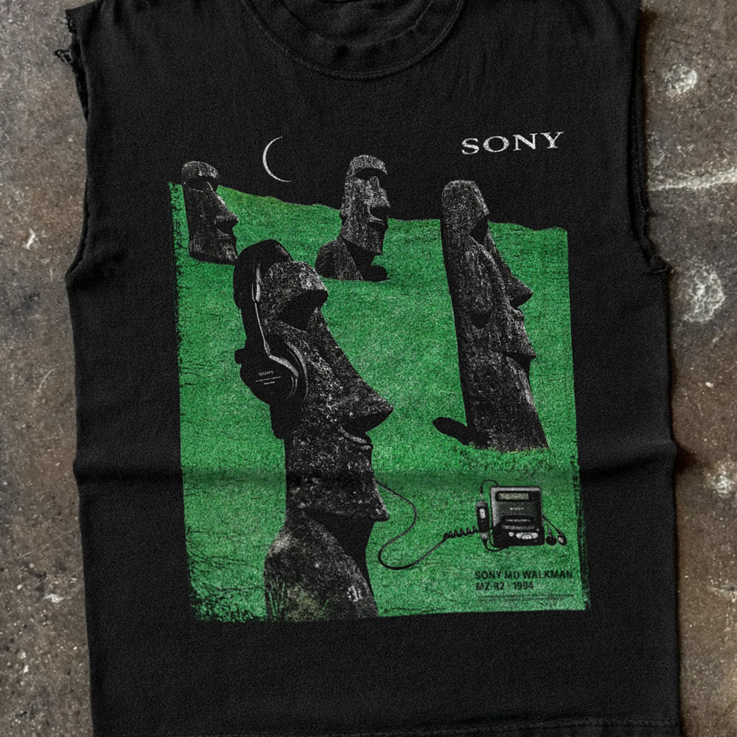1994 Sony 'Easter Island' Walkman Md Heavy Faded Cut-Off Black Tee - Image 2