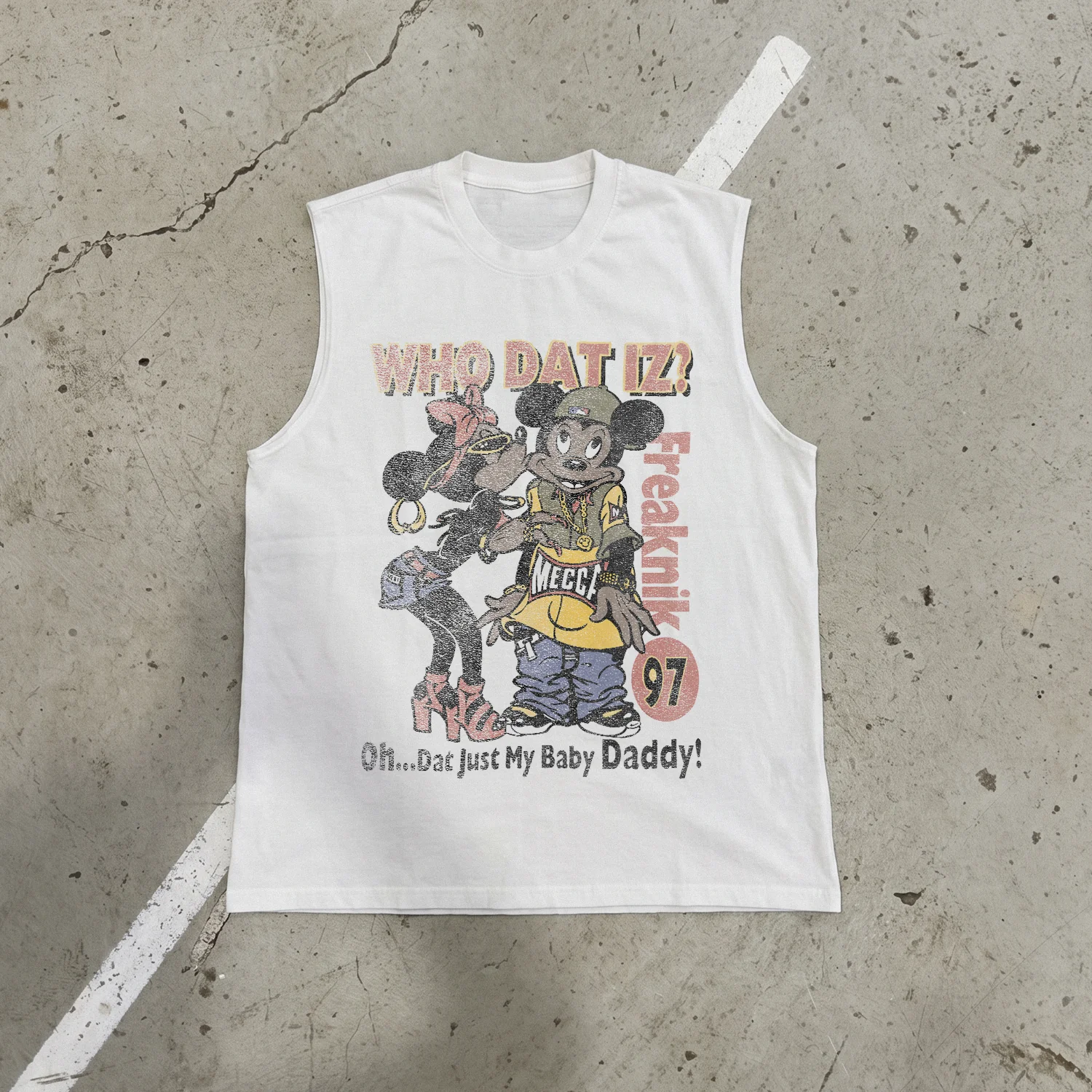 1997 Freaknik 'Who Dat Iz?' Bootleg Mouse Heavy White Cut-Off Tee