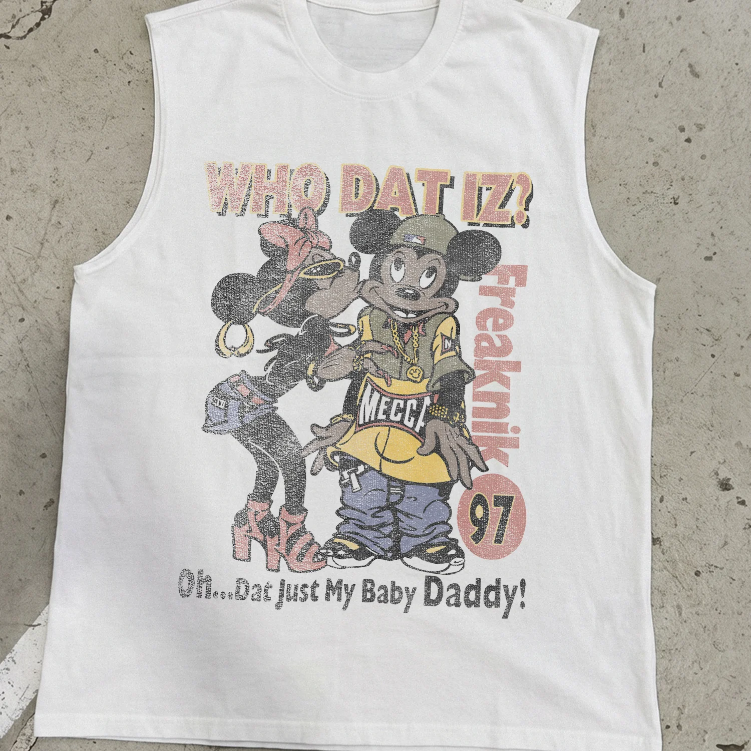 1997 Freaknik 'Who Dat Iz?' Bootleg Mouse Heavy White Cut-Off Tee - Image 2