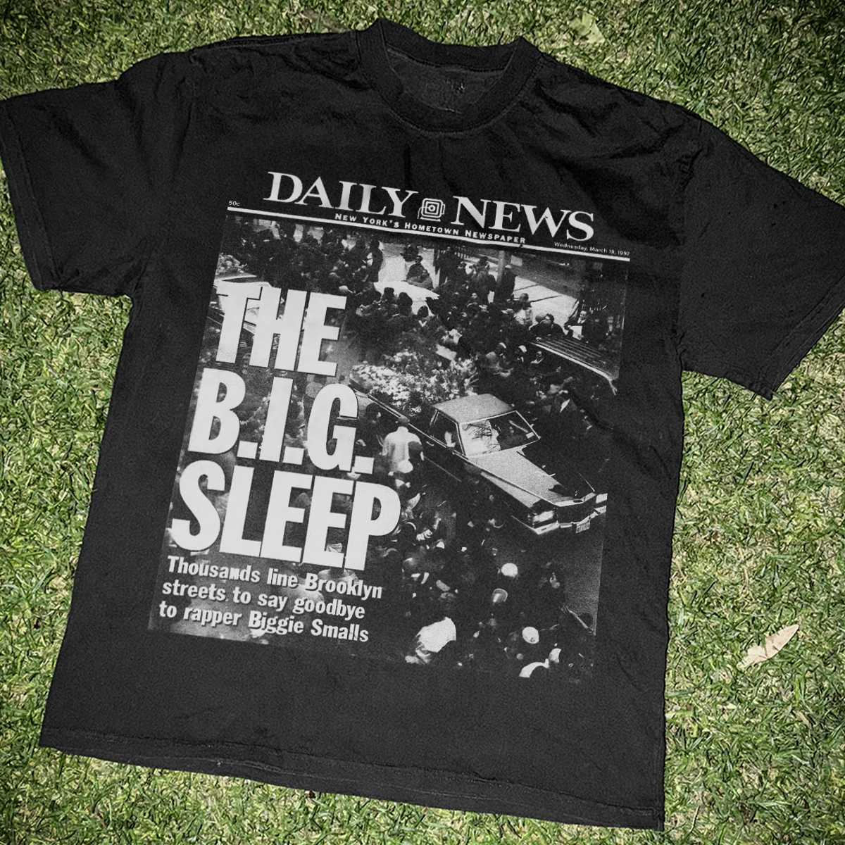 1997 'RIP B.I.G.' Biggie News Headline Heavyweight Faded Black Tee - Image 2