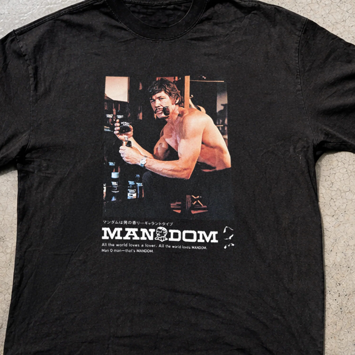 Charles Bronson 'Mandom' Japanese Cologne Heavy Faded Black Tee - Image 2