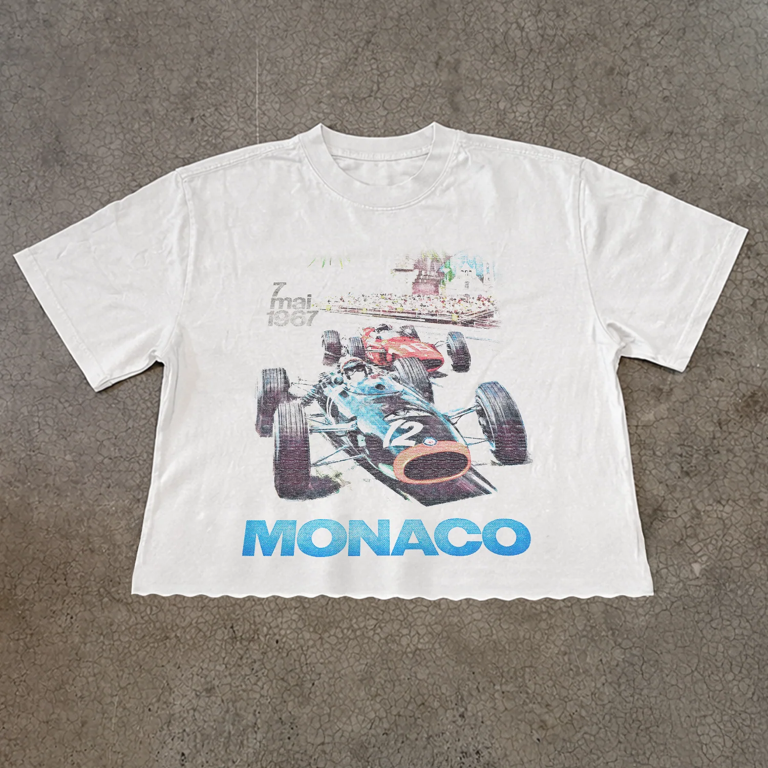 Cropped 'Monica 1967' Grand Prix Heavy Faded White Tee