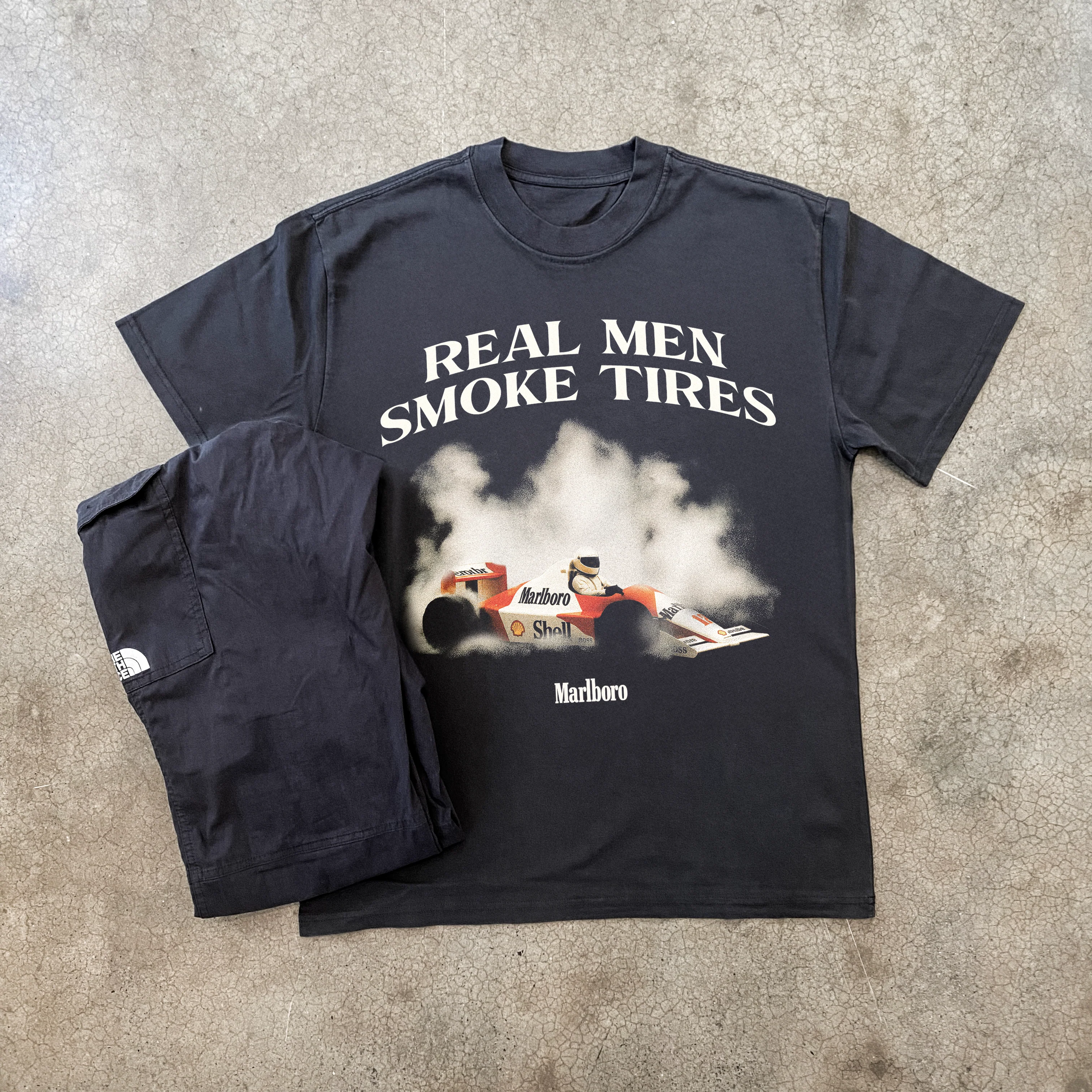 F1 'Real Men Smoke Tires' Heavy Faded Black T-Shirt - Image 3