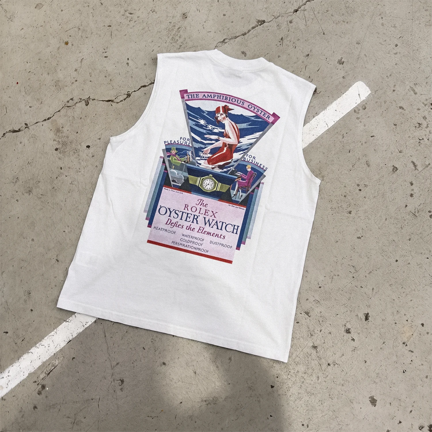 Maritime 'Oyster Perpetual' Timepiece Faded Heavy White Cut-Off Tee