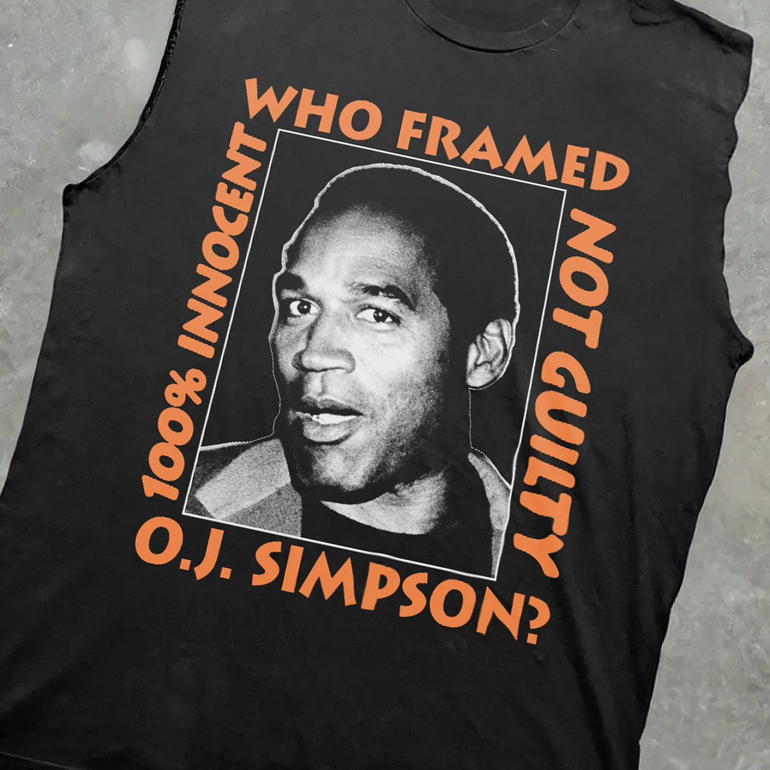 Retro Oj Simpson 'Who Framed Oj' 1995 Heavy Black Cut-Off Tee - Image 2